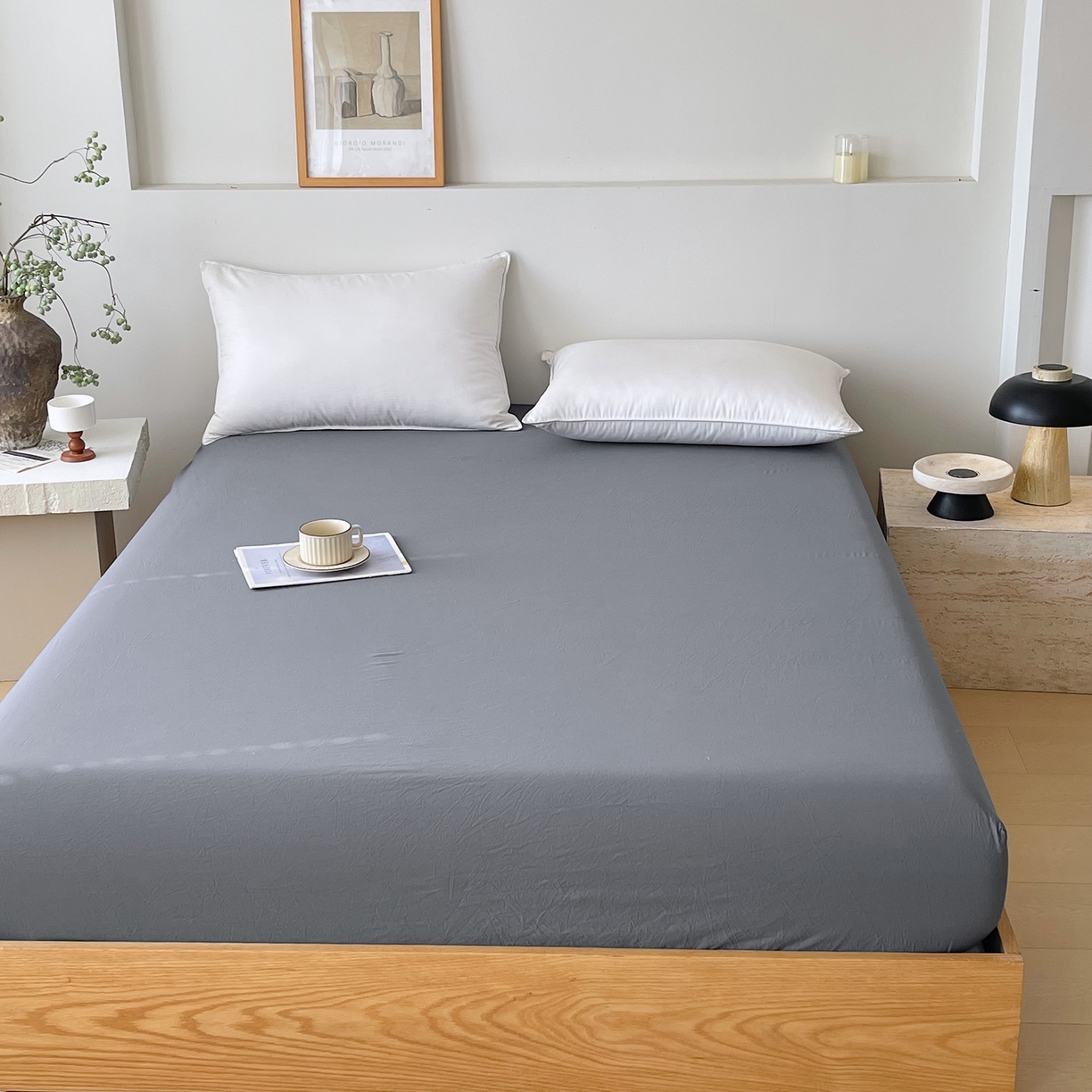 91家纺网 家纺一手货源 找家纺 春皖家纺 2026春夏新款双拼全棉纯棉水洗棉单床笠 床笠单件 素雅墨灰