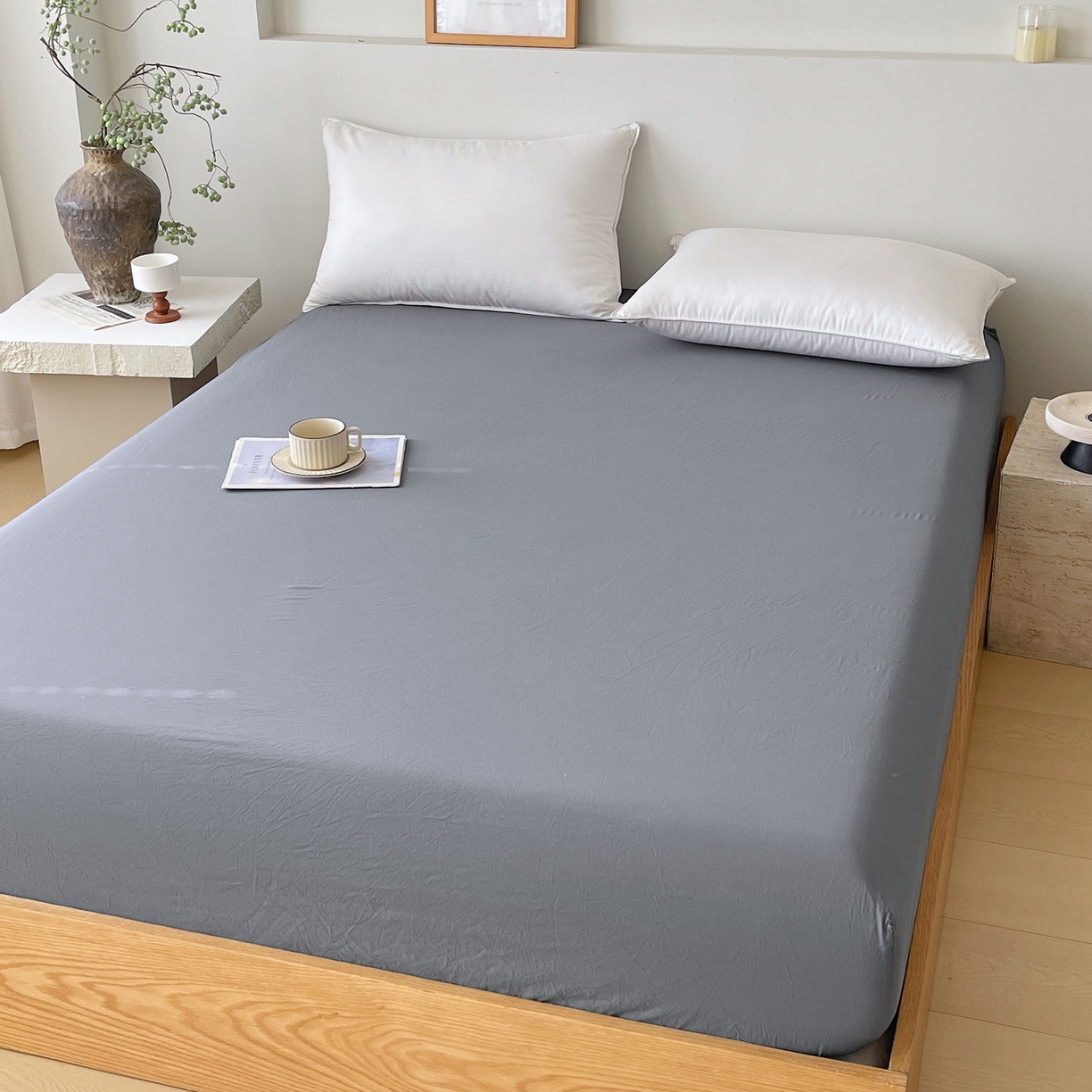 91家纺网 家纺一手货源 找家纺 春皖家纺 2026春夏新款双拼全棉纯棉水洗棉单床笠 床笠单件 素雅墨灰