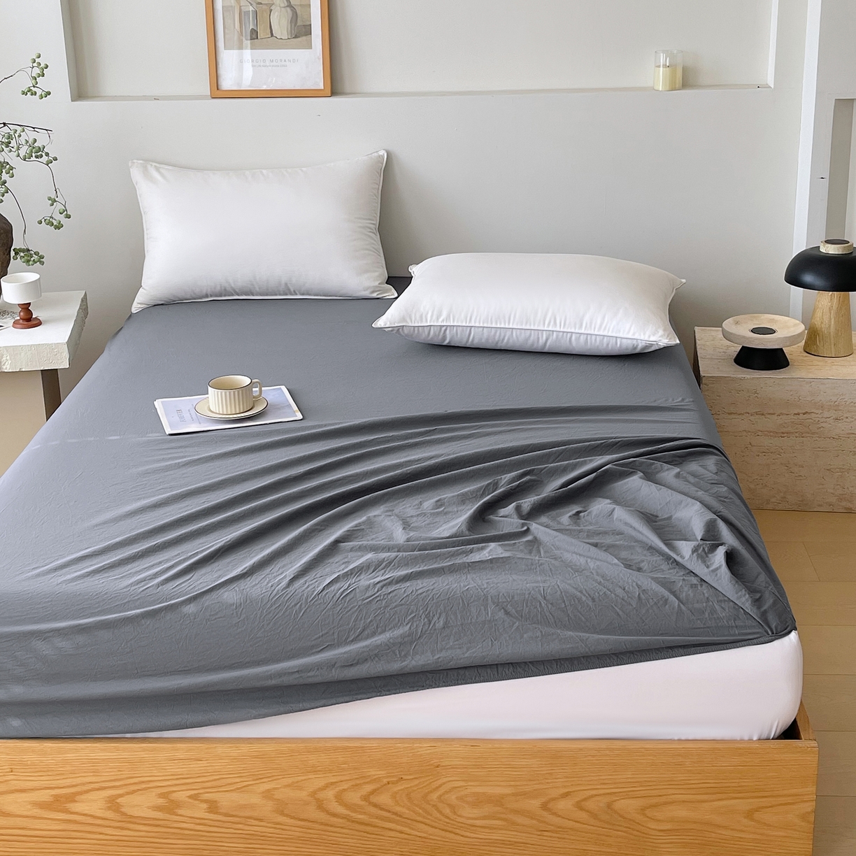 91家纺网 家纺一手货源 找家纺 春皖家纺 2026春夏新款双拼全棉纯棉水洗棉单床笠 床笠单件 素雅墨灰