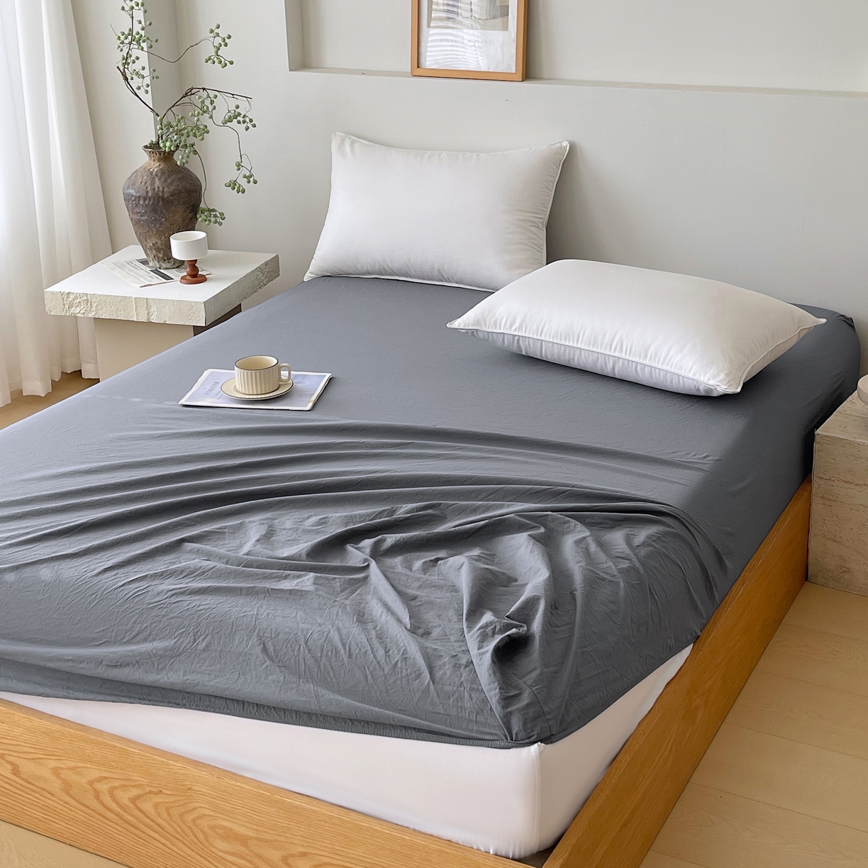 91家纺网 家纺一手货源 找家纺 春皖家纺 2026春夏新款双拼全棉纯棉水洗棉单床笠 床笠单件 素雅墨灰