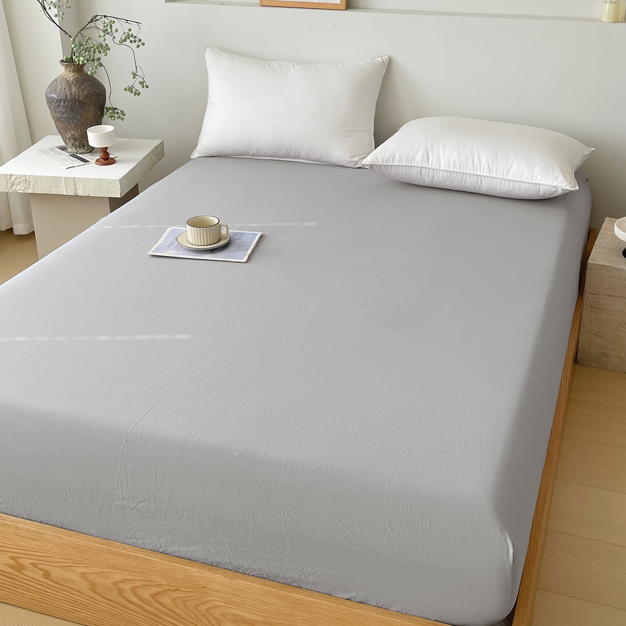 91家纺网 家纺一手货源 找家纺 春皖家纺 2026春夏新款双拼全棉纯棉水洗棉单床笠 床笠单件 素雅浅灰