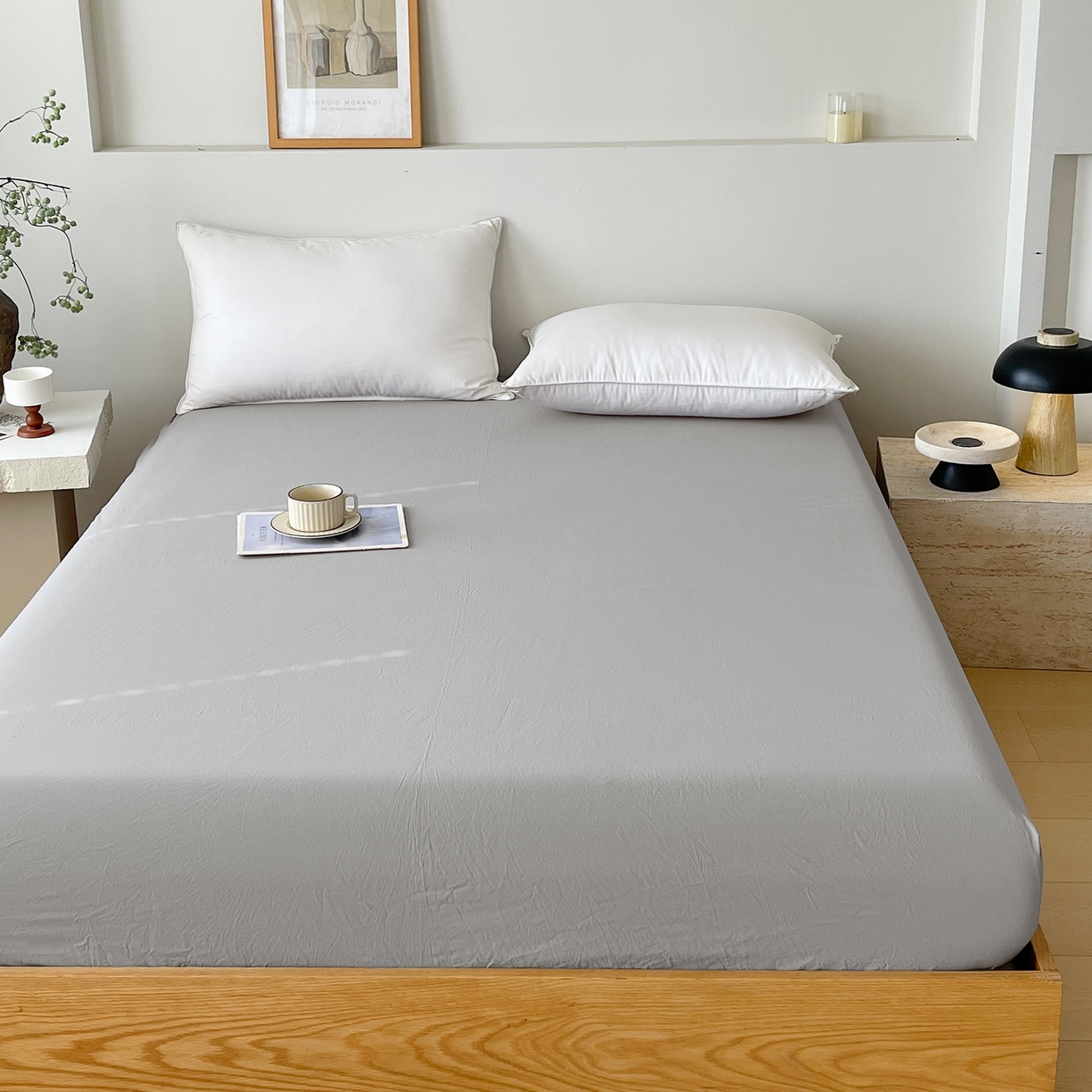 91家纺网 家纺一手货源 找家纺 春皖家纺 2026春夏新款双拼全棉纯棉水洗棉单床笠 床笠单件 素雅浅灰