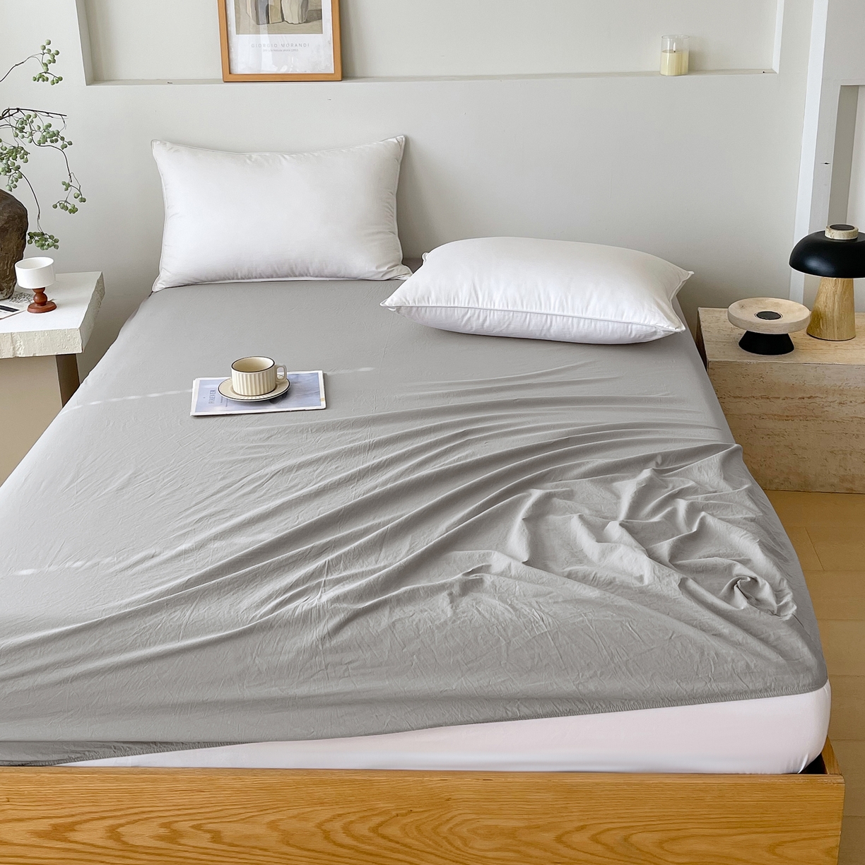 91家纺网 家纺一手货源 找家纺 春皖家纺 2026春夏新款双拼全棉纯棉水洗棉单床笠 床笠单件 素雅浅灰