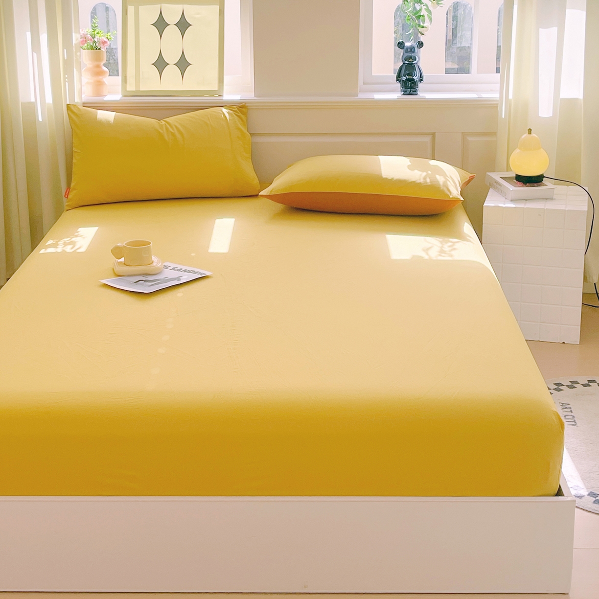 91家纺网 家纺一手货源 找家纺 春皖家纺 2026春夏新款双拼全棉纯棉水洗棉单床笠 床笠单件 素雅深黄