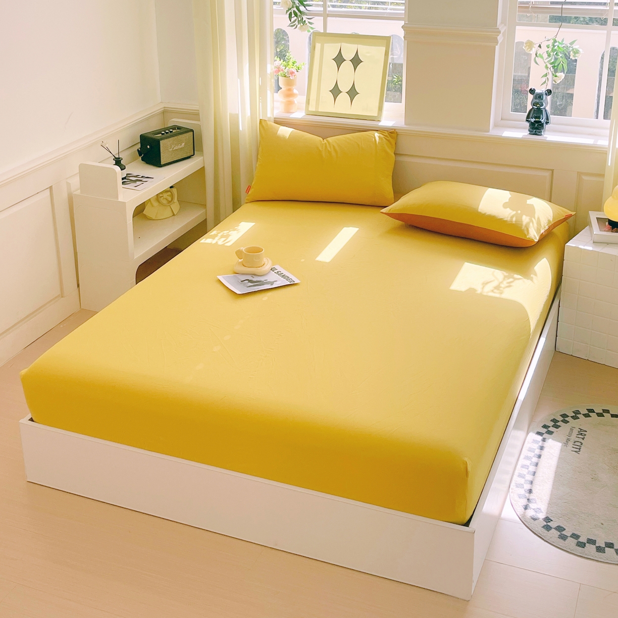 91家纺网 家纺一手货源 找家纺 春皖家纺 2026春夏新款双拼全棉纯棉水洗棉单床笠 床笠单件 素雅深黄