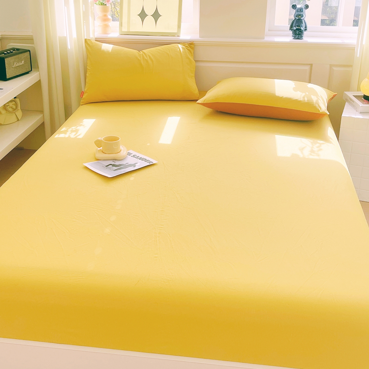 91家纺网 家纺一手货源 找家纺 春皖家纺 2026春夏新款双拼全棉纯棉水洗棉单床笠 床笠单件 素雅深黄