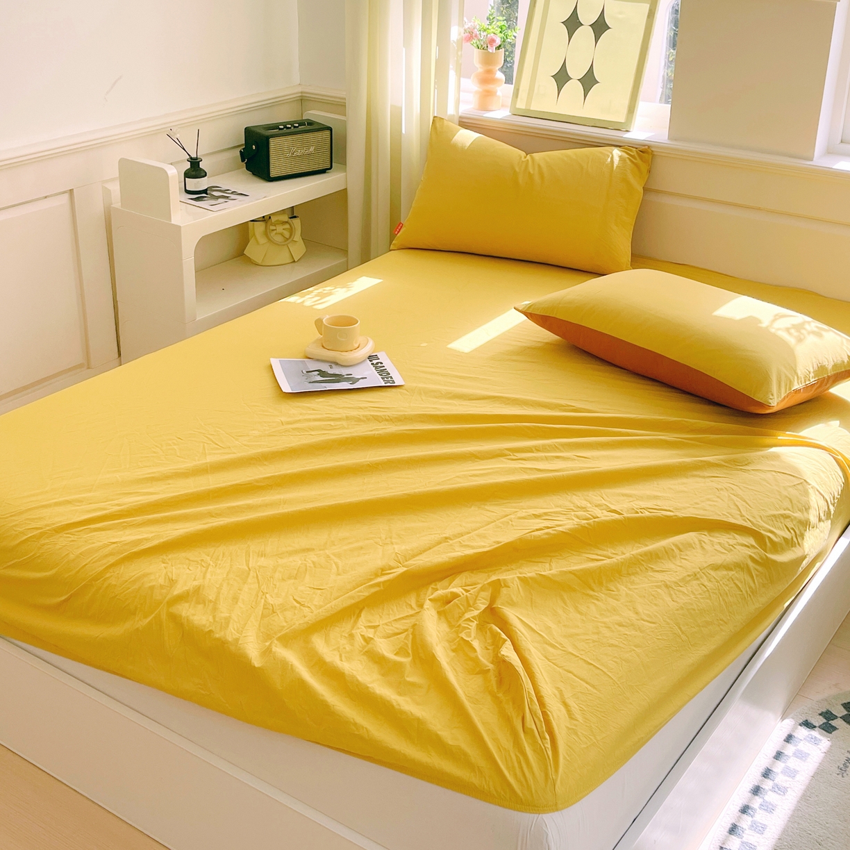 91家纺网 家纺一手货源 找家纺 春皖家纺 2026春夏新款双拼全棉纯棉水洗棉单床笠 床笠单件 素雅深黄