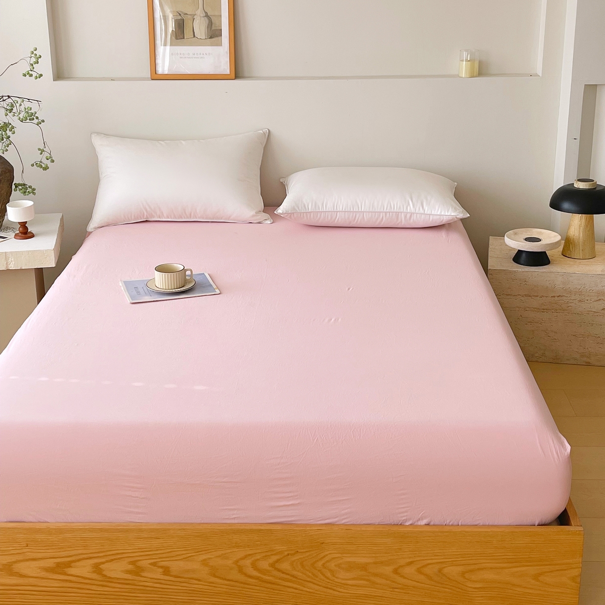 91家纺网 家纺一手货源 找家纺 春皖家纺 2026春夏新款双拼全棉纯棉水洗棉单床笠 床笠单件 樱花粉