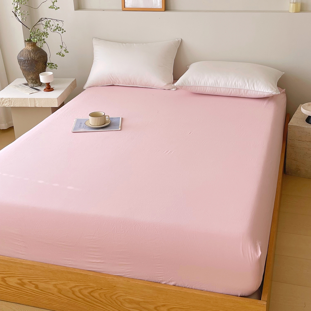 91家纺网 家纺一手货源 找家纺 春皖家纺 2026春夏新款双拼全棉纯棉水洗棉单床笠 床笠单件 樱花粉