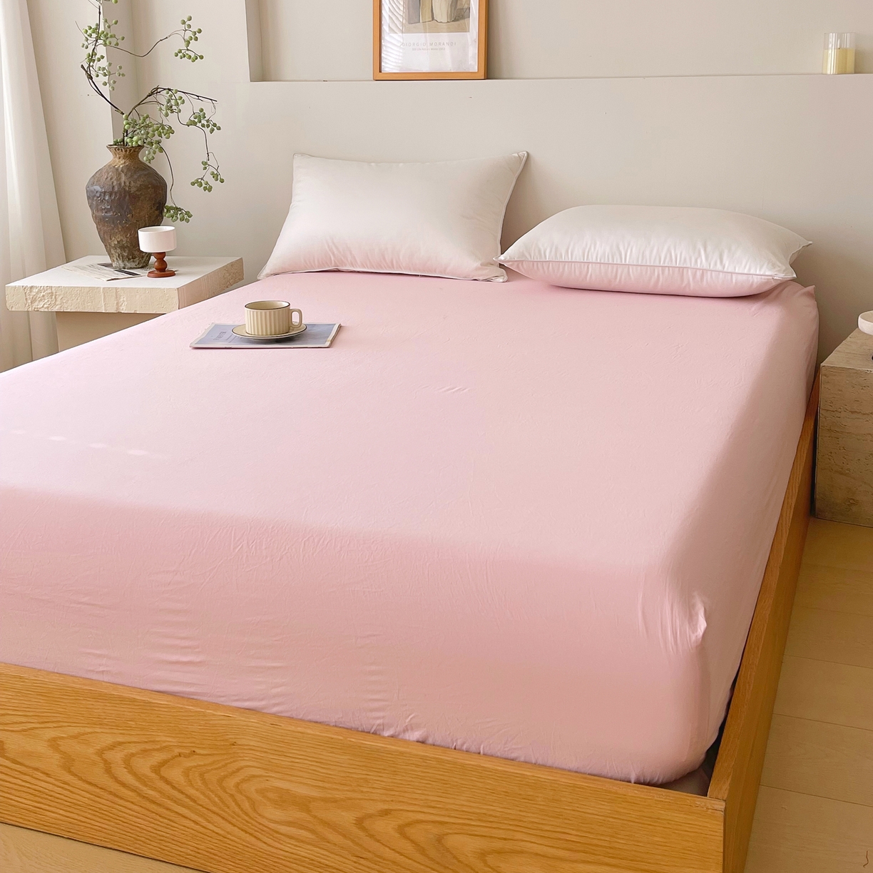 91家纺网 家纺一手货源 找家纺 春皖家纺 2026春夏新款双拼全棉纯棉水洗棉单床笠 床笠单件 樱花粉