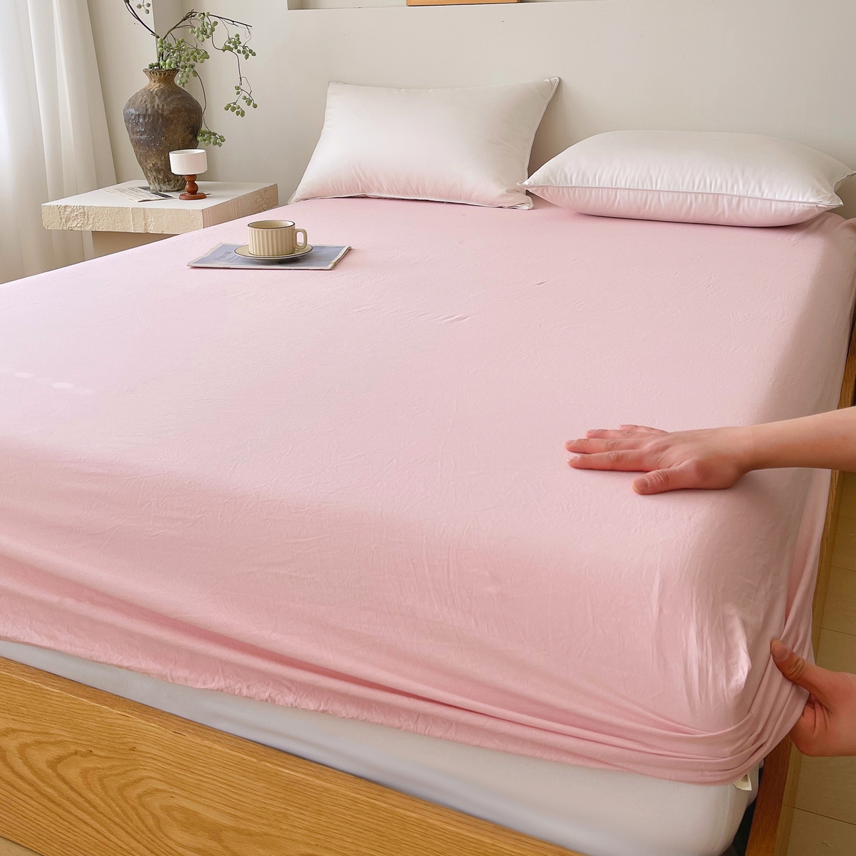 91家纺网 家纺一手货源 找家纺 春皖家纺 2026春夏新款双拼全棉纯棉水洗棉单床笠 床笠单件 樱花粉