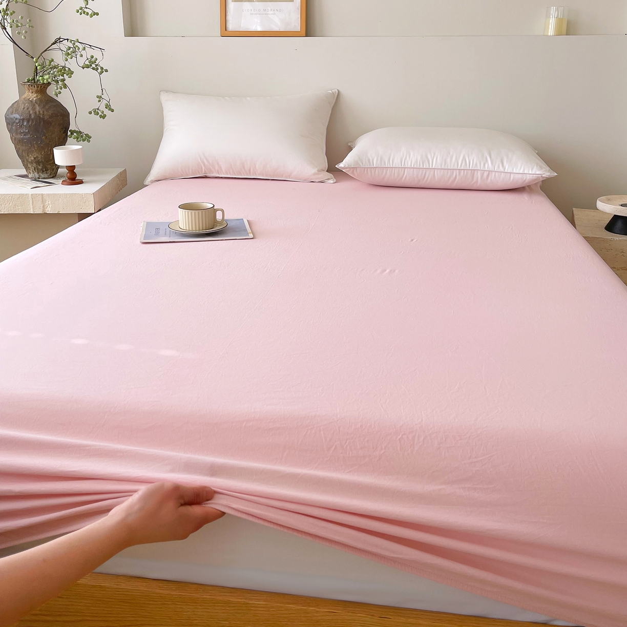 91家纺网 家纺一手货源 找家纺 春皖家纺 2026春夏新款双拼全棉纯棉水洗棉单床笠 床笠单件 樱花粉