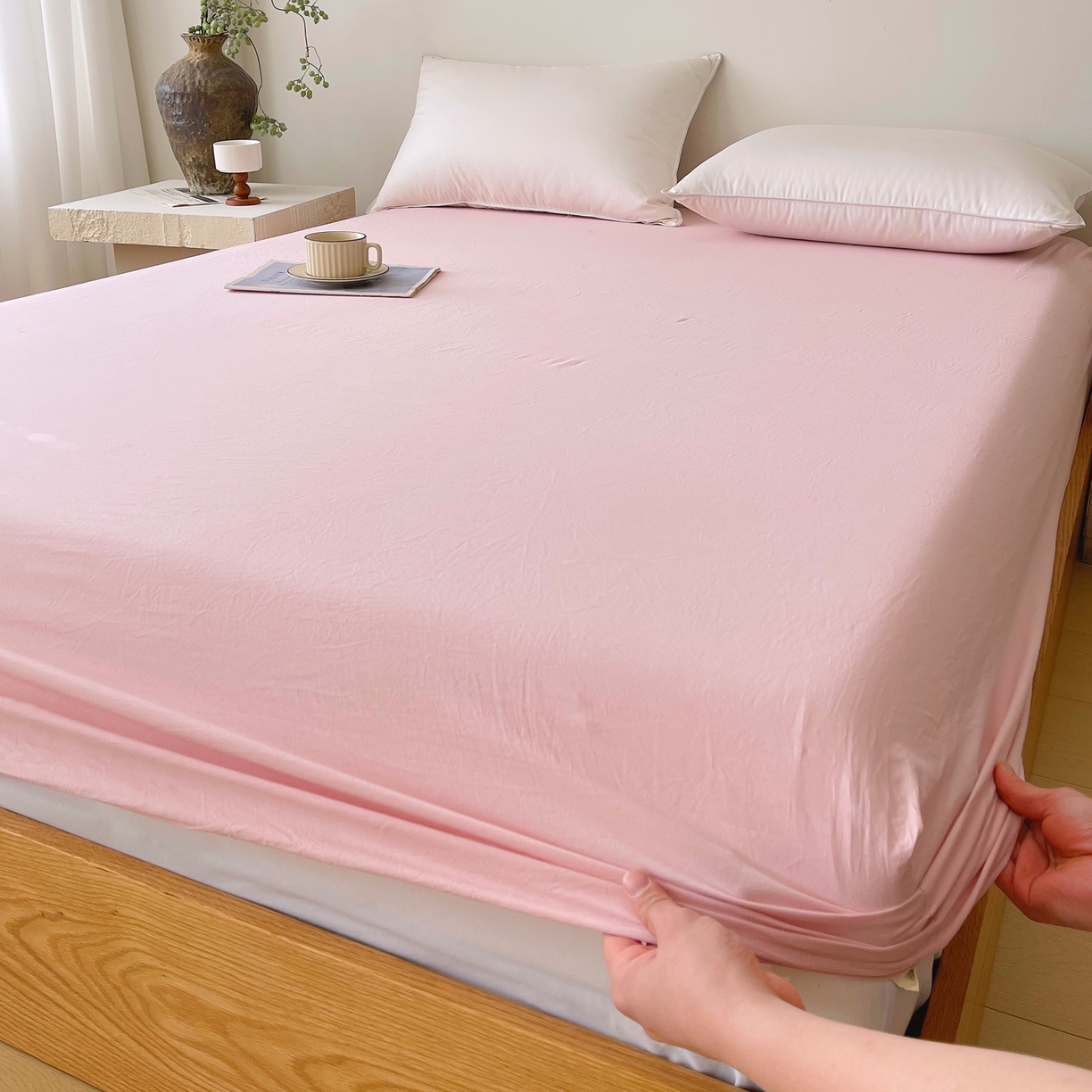 91家纺网 家纺一手货源 找家纺 春皖家纺 2026春夏新款双拼全棉纯棉水洗棉单床笠 床笠单件 樱花粉