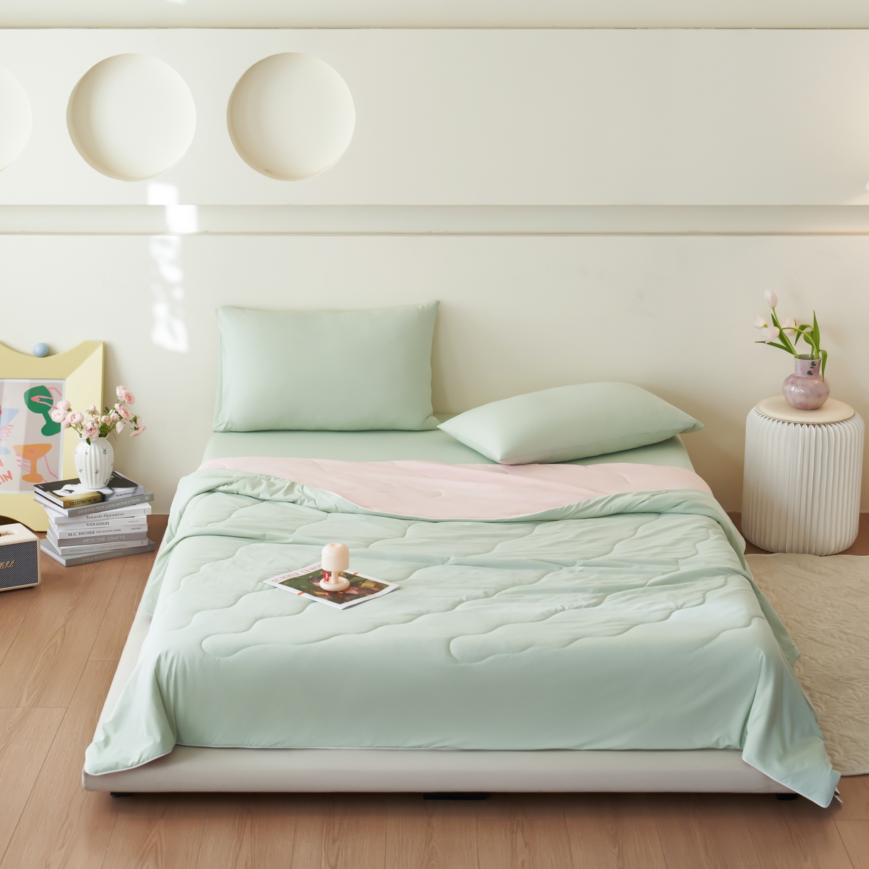 91家纺网 家纺一手货源 找家纺 亿梵家居 2026新款西瓜啵啵凉感夏被夏凉被空调被 星辰绿-海棠粉