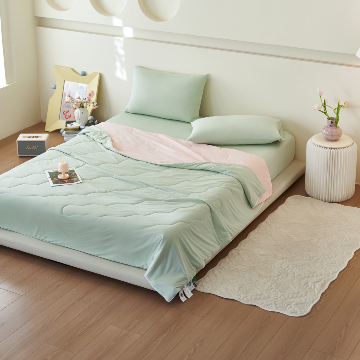 91家纺网 家纺一手货源 找家纺 亿梵家居 2026新款西瓜啵啵凉感夏被夏凉被空调被 星辰绿-海棠粉