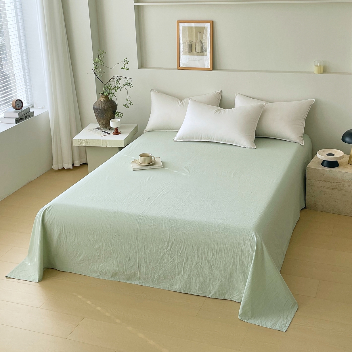 91家纺网 家纺一手货源 找家纺 春皖家纺 2026春夏新款双拼全棉水洗棉单床单床单单件单品床单 薄荷绿