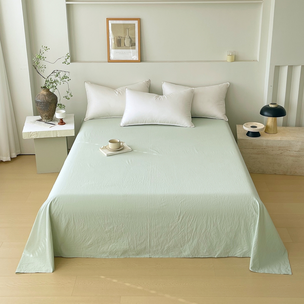 91家纺网 家纺一手货源 找家纺 春皖家纺 2026春夏新款双拼全棉水洗棉单床单床单单件单品床单 薄荷绿