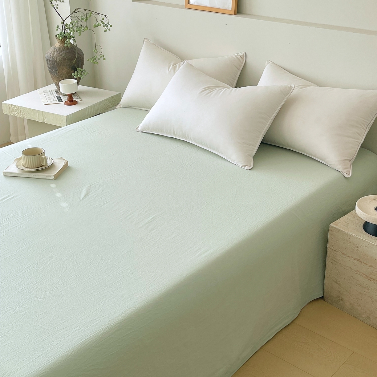 91家纺网 家纺一手货源 找家纺 春皖家纺 2026春夏新款双拼全棉水洗棉单床单床单单件单品床单 薄荷绿