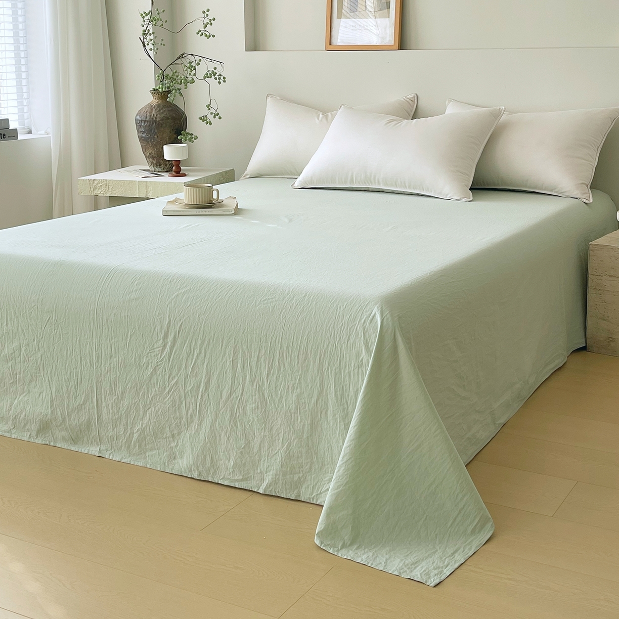 91家纺网 家纺一手货源 找家纺 春皖家纺 2026春夏新款双拼全棉水洗棉单床单床单单件单品床单 薄荷绿