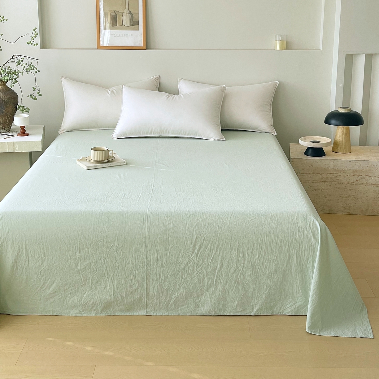 91家纺网 家纺一手货源 找家纺 春皖家纺 2026春夏新款双拼全棉水洗棉单床单床单单件单品床单 薄荷绿