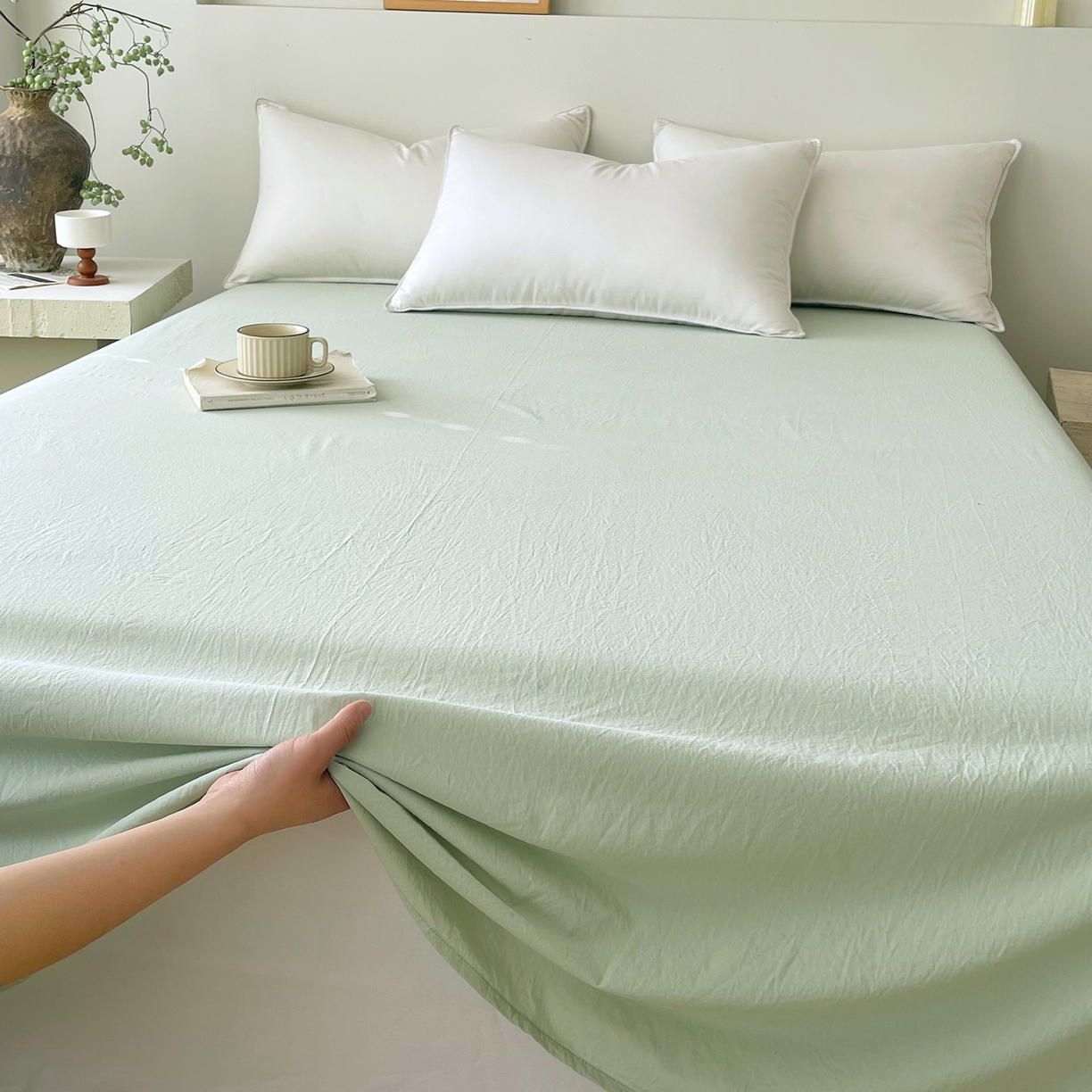 91家纺网 家纺一手货源 找家纺 春皖家纺 2026春夏新款双拼全棉水洗棉单床单床单单件单品床单 薄荷绿