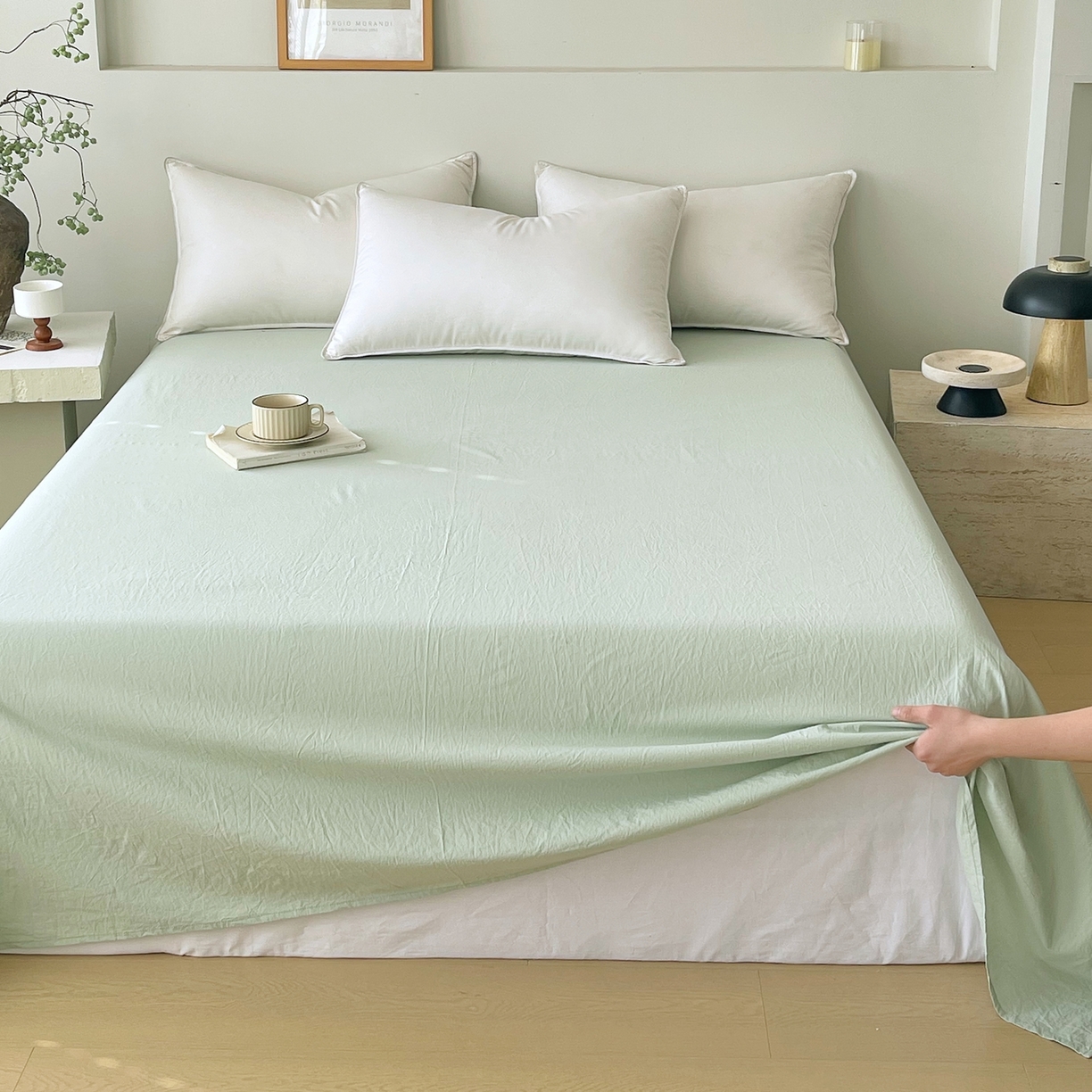 91家纺网 家纺一手货源 找家纺 春皖家纺 2026春夏新款双拼全棉水洗棉单床单床单单件单品床单 薄荷绿