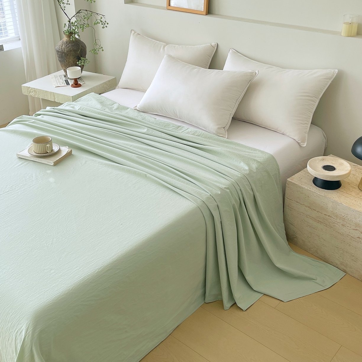 91家纺网 家纺一手货源 找家纺 春皖家纺 2026春夏新款双拼全棉水洗棉单床单床单单件单品床单 薄荷绿
