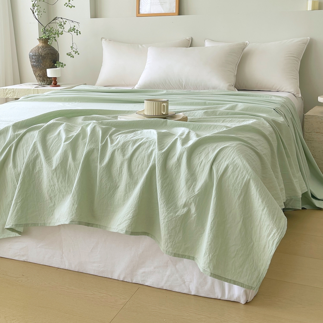 91家纺网 家纺一手货源 找家纺 春皖家纺 2026春夏新款双拼全棉水洗棉单床单床单单件单品床单 薄荷绿