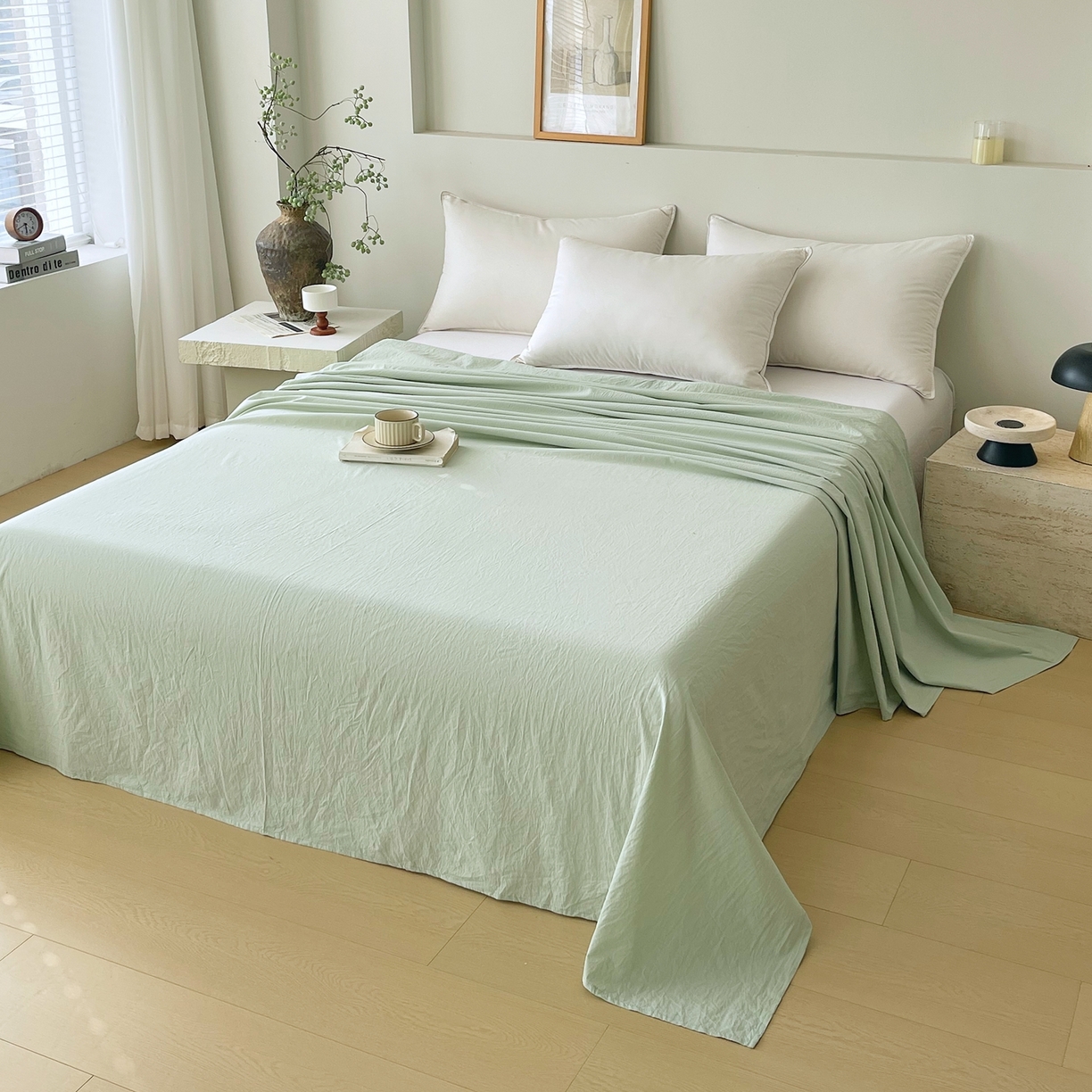 91家纺网 家纺一手货源 找家纺 春皖家纺 2026春夏新款双拼全棉水洗棉单床单床单单件单品床单 薄荷绿