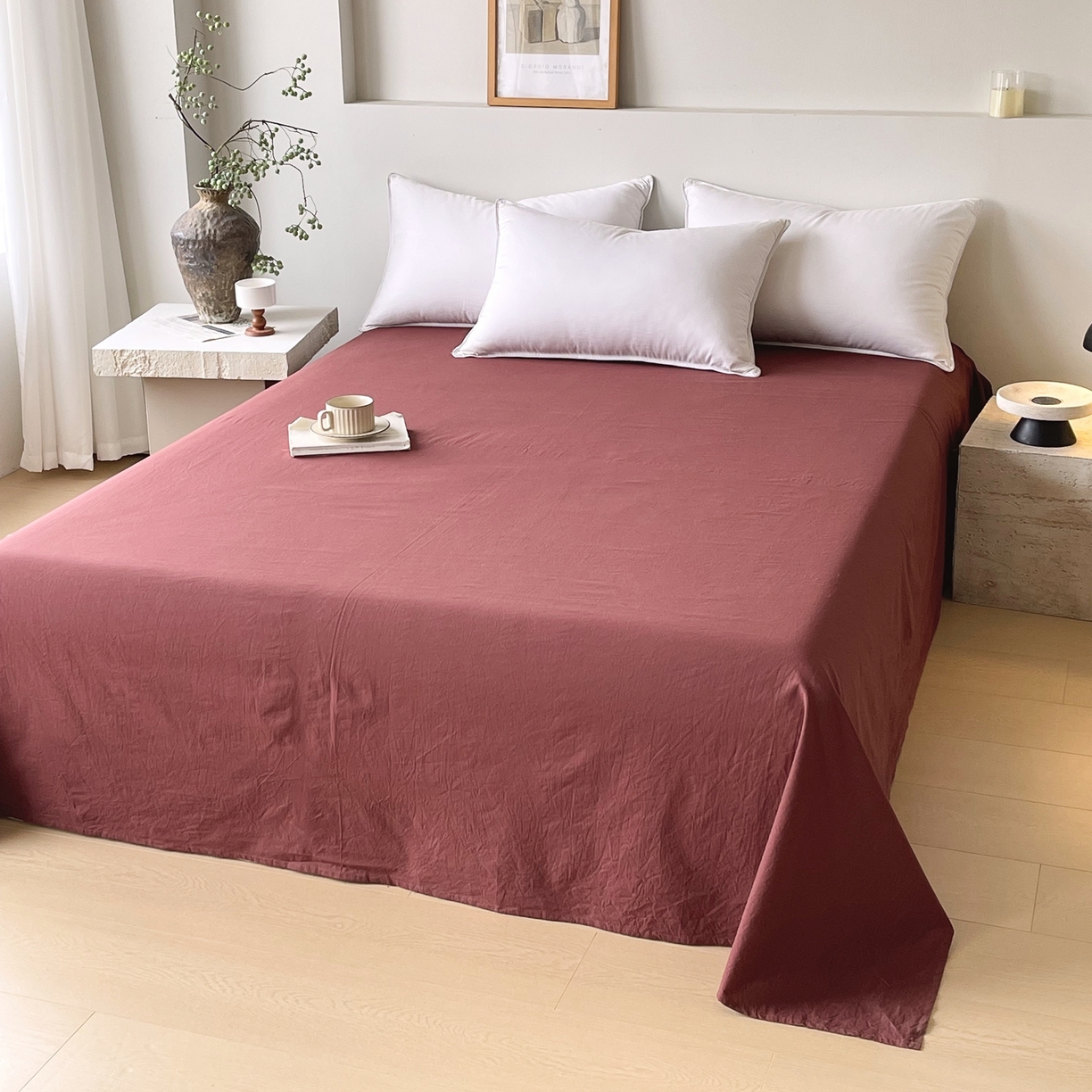 春皖家纺 2026春夏新款双拼全棉水洗棉单床单床单单件单品床单 可可红