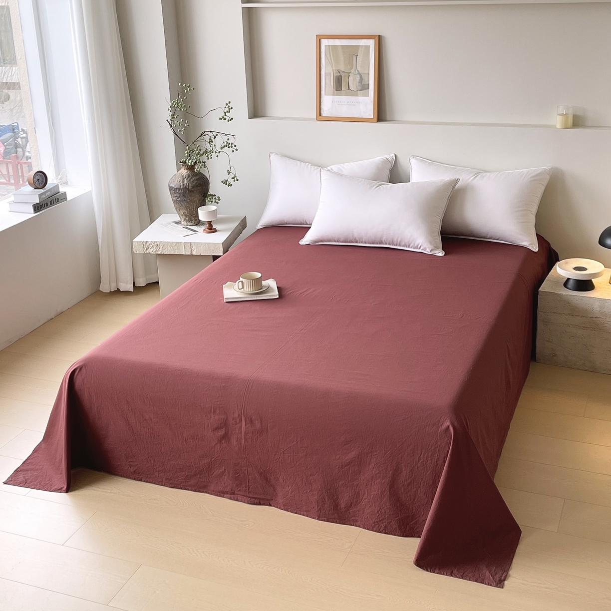 91家纺网 家纺一手货源 找家纺 春皖家纺 2026春夏新款双拼全棉水洗棉单床单床单单件单品床单 可可红