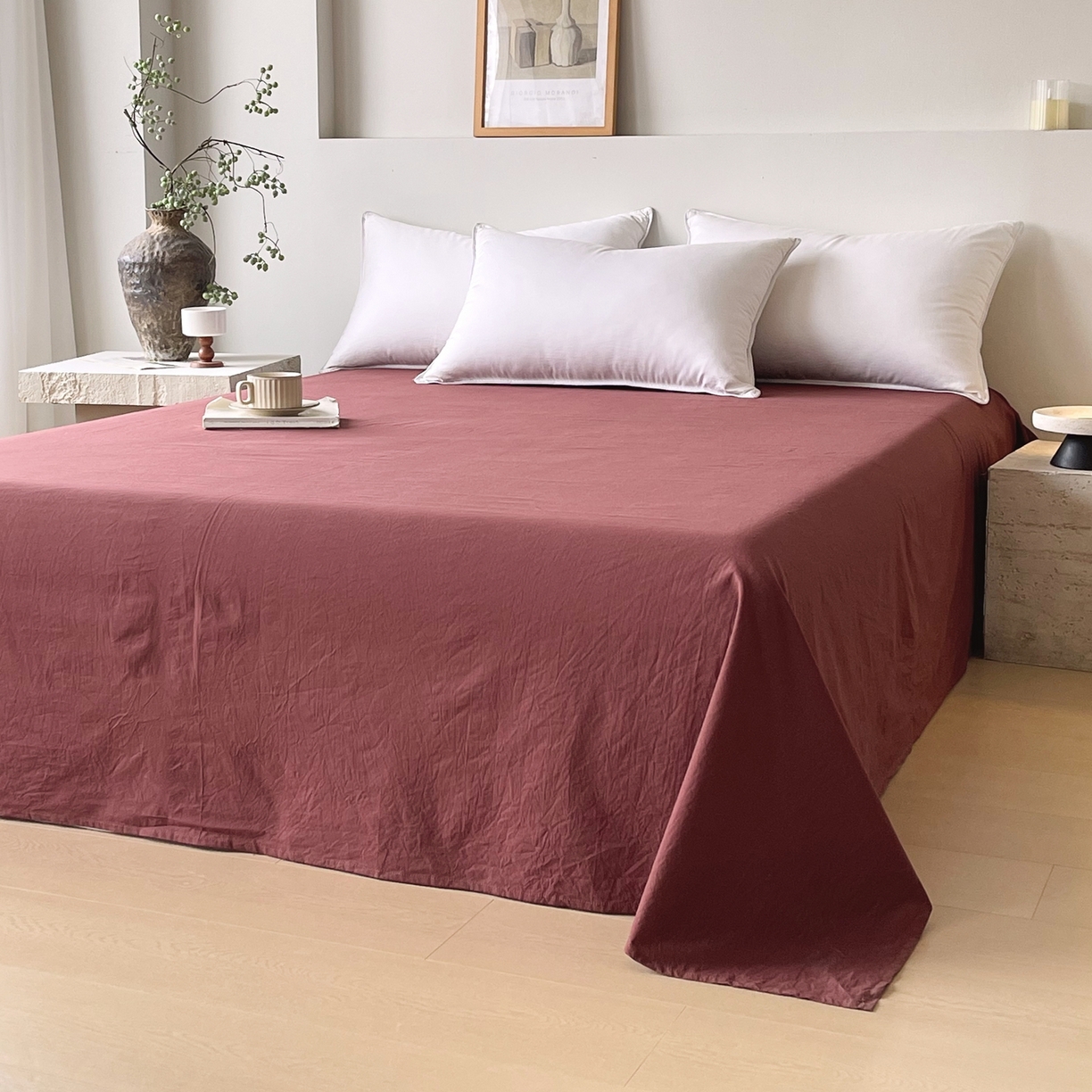 91家纺网 家纺一手货源 找家纺 春皖家纺 2026春夏新款双拼全棉水洗棉单床单床单单件单品床单 可可红