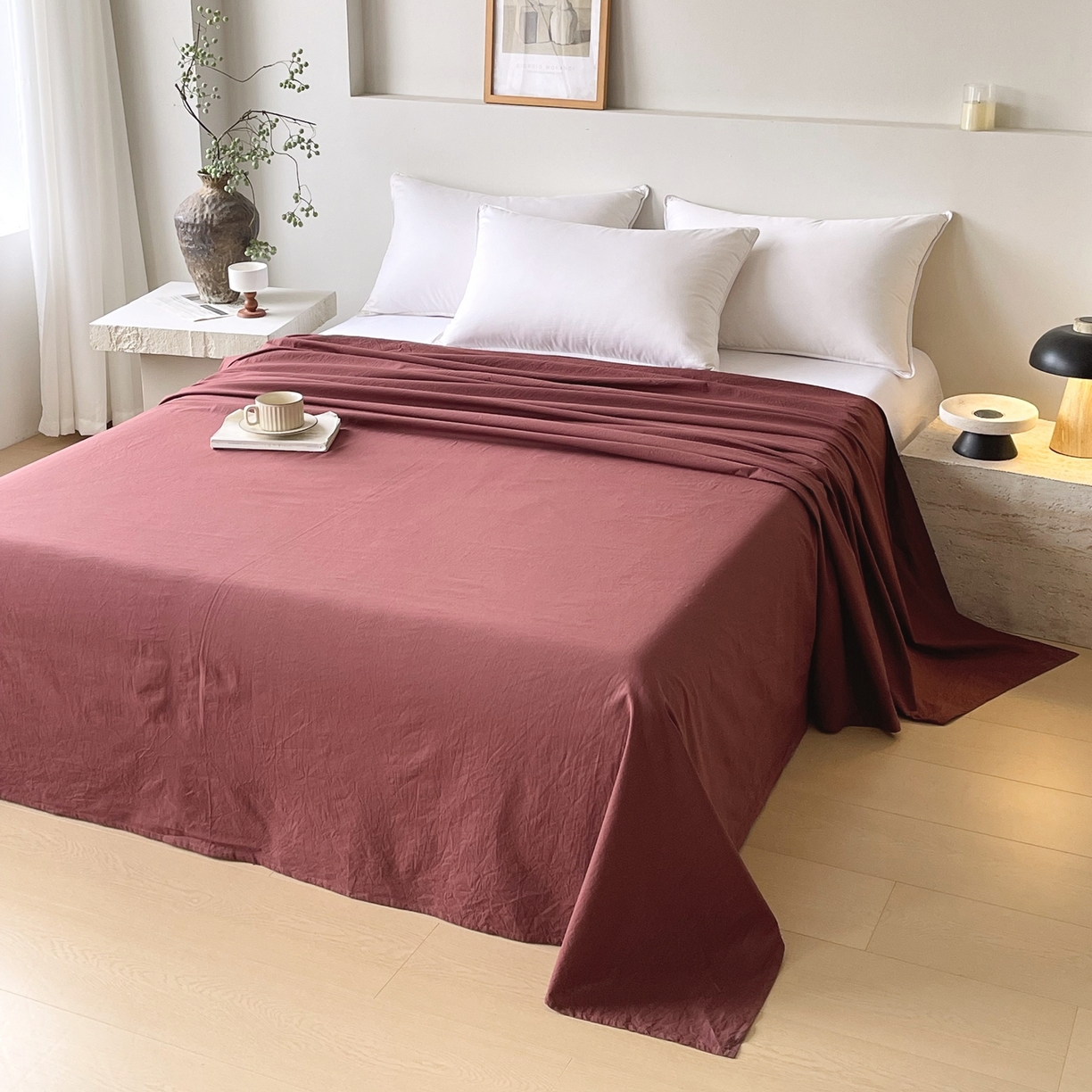 91家纺网 家纺一手货源 找家纺 春皖家纺 2026春夏新款双拼全棉水洗棉单床单床单单件单品床单 可可红