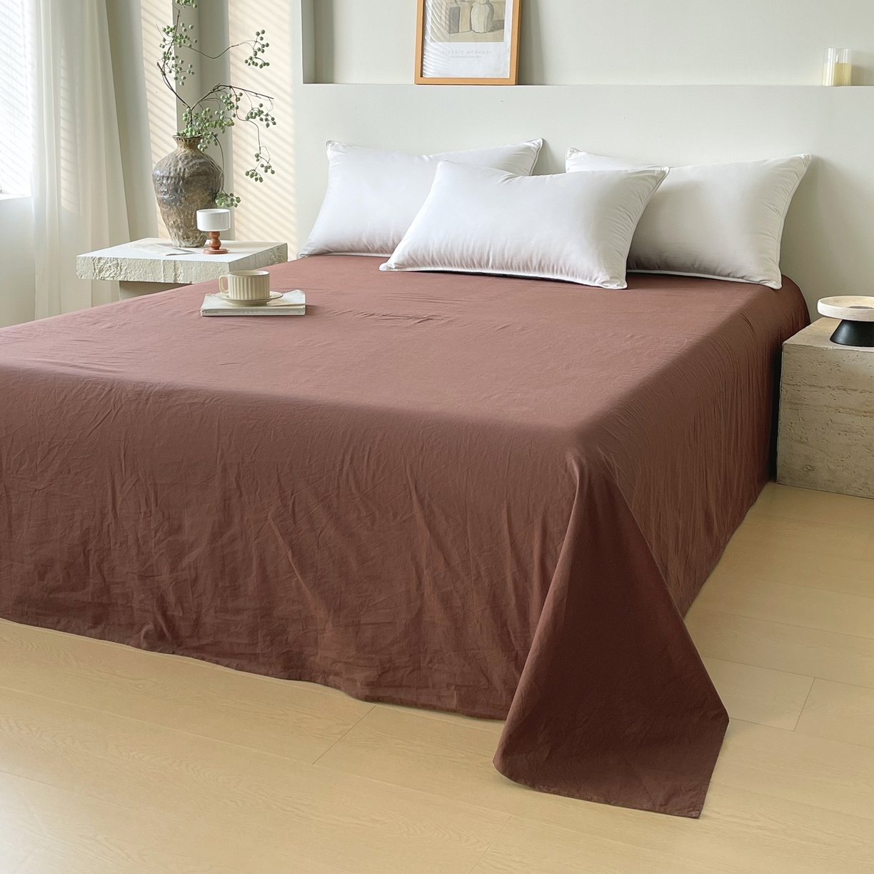 91家纺网 家纺一手货源 找家纺 春皖家纺 2026春夏新款双拼全棉水洗棉单床单床单单件单品床单 慕斯棕