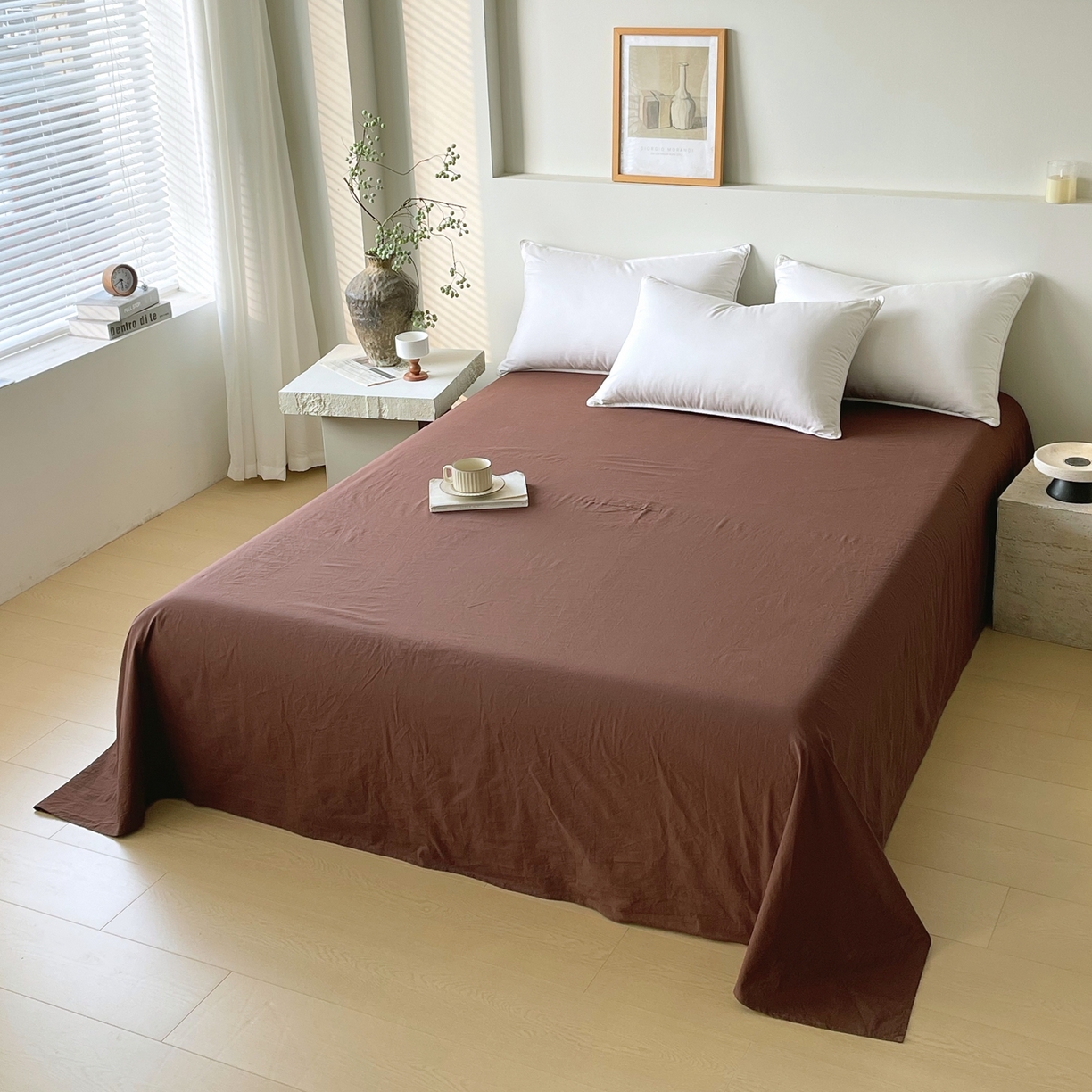 91家纺网 家纺一手货源 找家纺 春皖家纺 2026春夏新款双拼全棉水洗棉单床单床单单件单品床单 慕斯棕