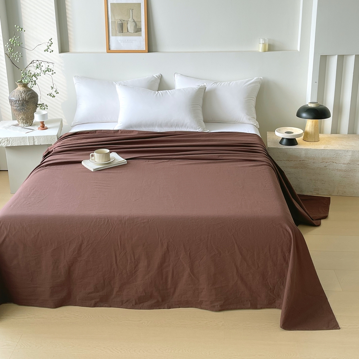 91家纺网 家纺一手货源 找家纺 春皖家纺 2026春夏新款双拼全棉水洗棉单床单床单单件单品床单 慕斯棕