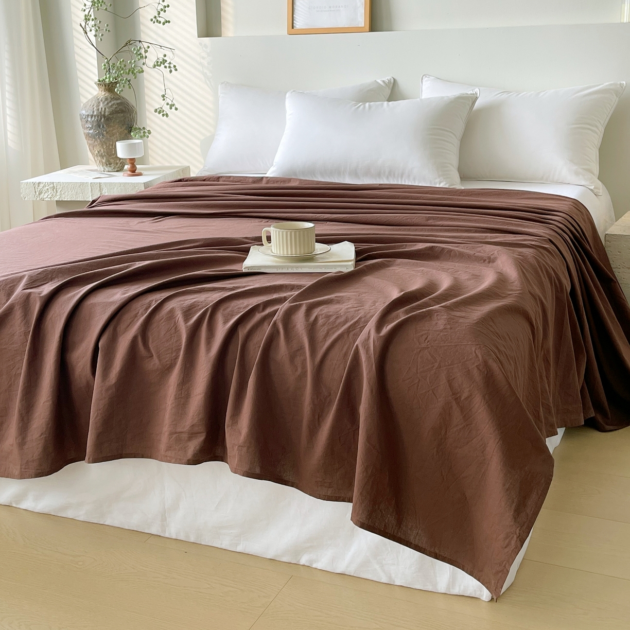 91家纺网 家纺一手货源 找家纺 春皖家纺 2026春夏新款双拼全棉水洗棉单床单床单单件单品床单 慕斯棕