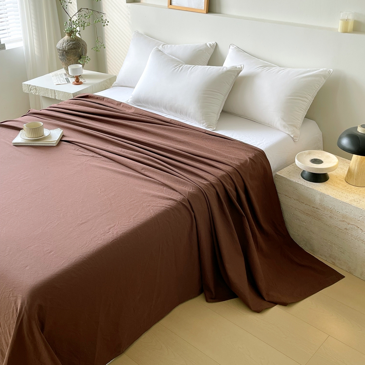 91家纺网 家纺一手货源 找家纺 春皖家纺 2026春夏新款双拼全棉水洗棉单床单床单单件单品床单 慕斯棕