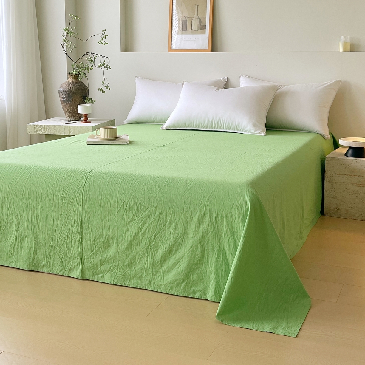 91家纺网 家纺一手货源 找家纺 春皖家纺 2026春夏新款双拼全棉水洗棉单床单床单单件单品床单 青草绿