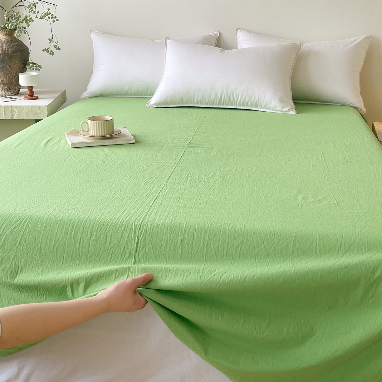 91家纺网 家纺一手货源 找家纺 春皖家纺 2026春夏新款双拼全棉水洗棉单床单床单单件单品床单 青草绿