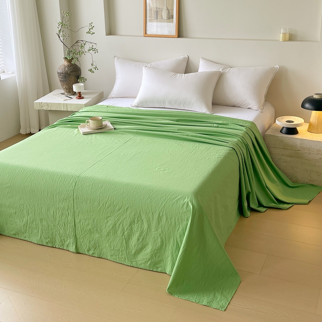 91家纺网 家纺一手货源 找家纺 春皖家纺 2026春夏新款双拼全棉水洗棉单床单床单单件单品床单 青草绿