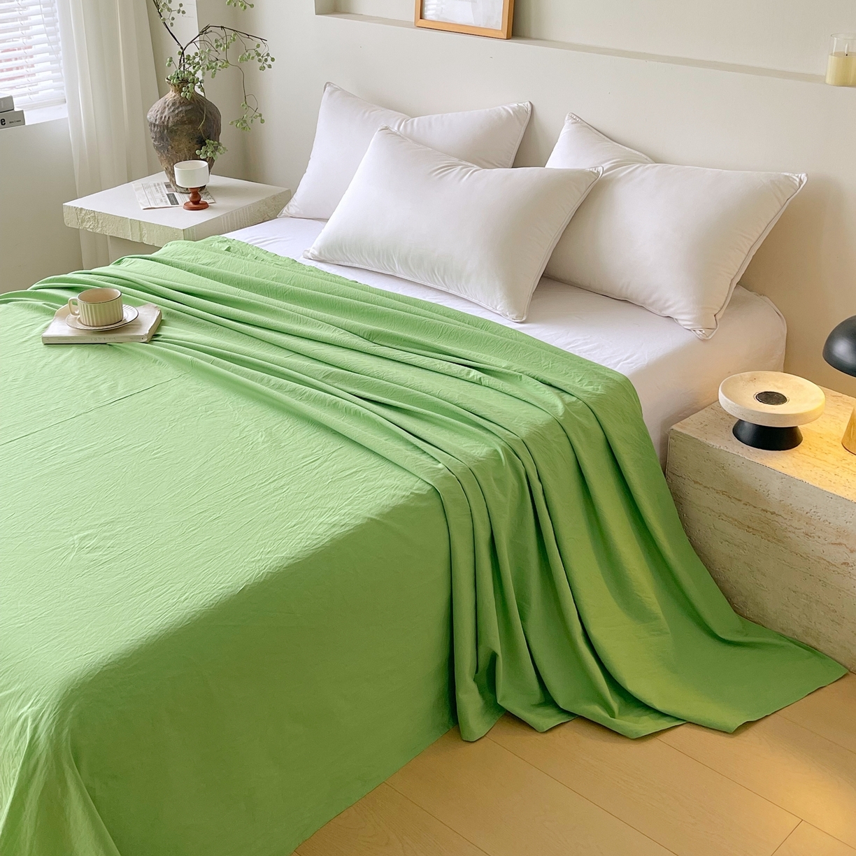 91家纺网 家纺一手货源 找家纺 春皖家纺 2026春夏新款双拼全棉水洗棉单床单床单单件单品床单 青草绿