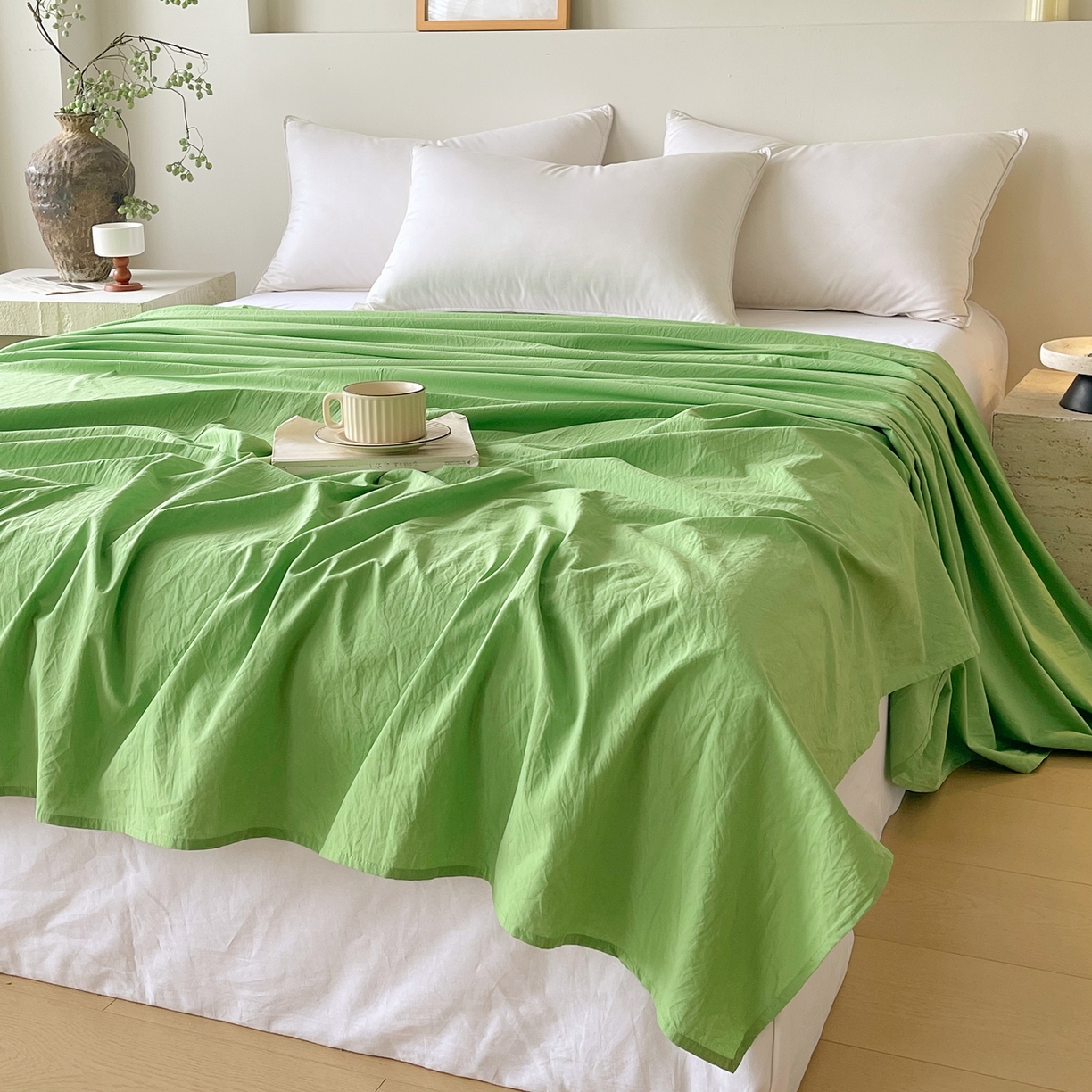 91家纺网 家纺一手货源 找家纺 春皖家纺 2026春夏新款双拼全棉水洗棉单床单床单单件单品床单 青草绿