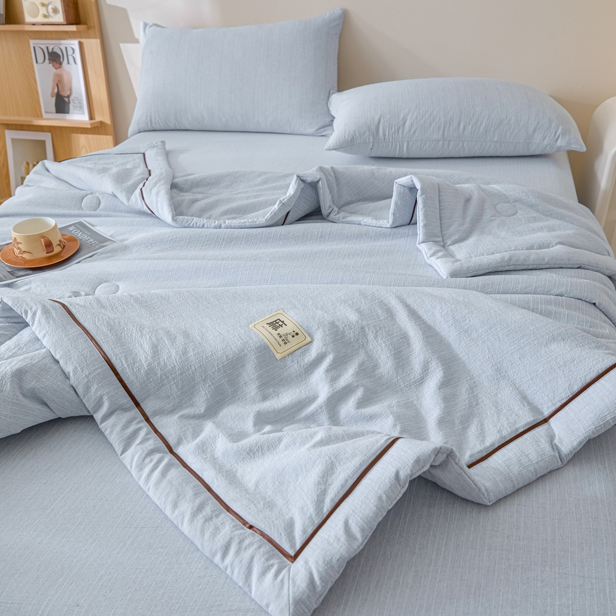 91家纺网 家纺一手货源 找家纺 顺兴家居 2026新款提花色织水洗麻夏被夏凉被空调被四件套 色织-湖水蓝