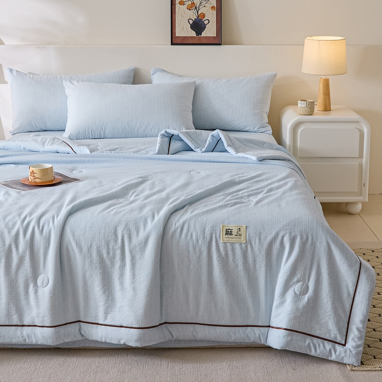 91家纺网 家纺一手货源 找家纺 顺兴家居 2026新款提花色织水洗麻夏被夏凉被空调被四件套 色织-湖水蓝