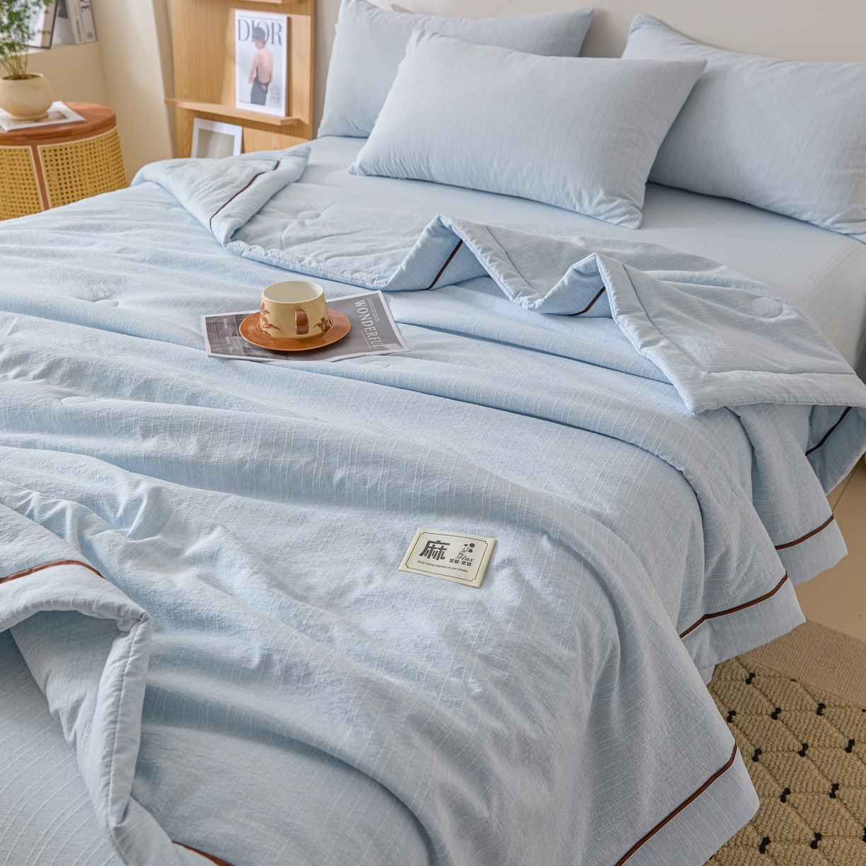 91家纺网 家纺一手货源 找家纺 顺兴家居 2026新款提花色织水洗麻夏被夏凉被空调被四件套 色织-湖水蓝