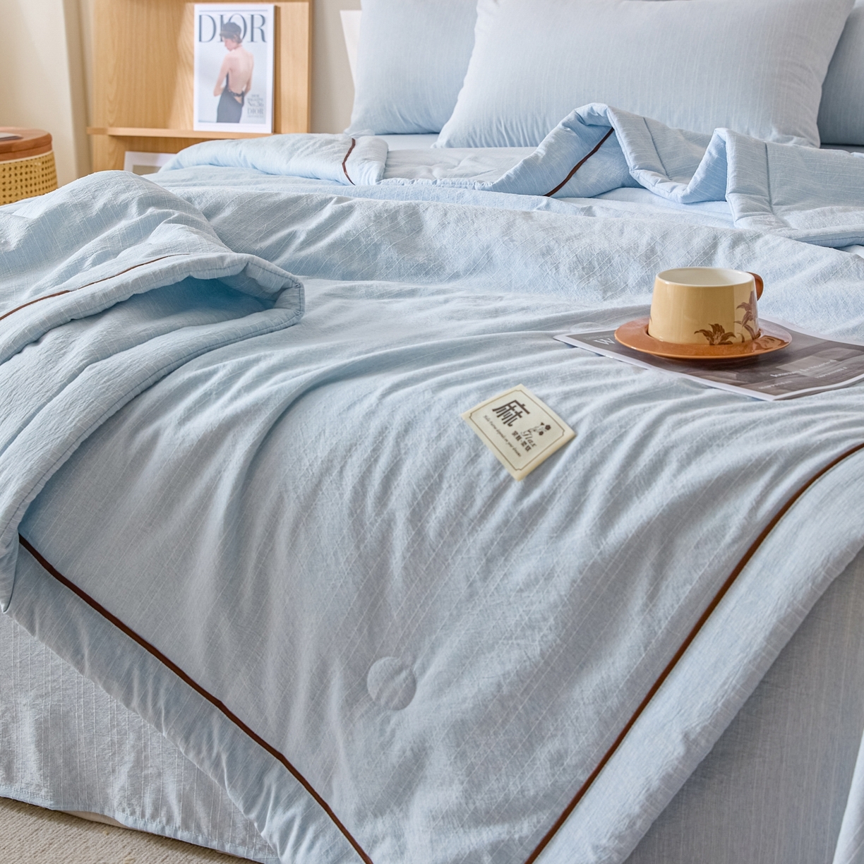 91家纺网 家纺一手货源 找家纺 顺兴家居 2026新款提花色织水洗麻夏被夏凉被空调被四件套 色织-湖水蓝