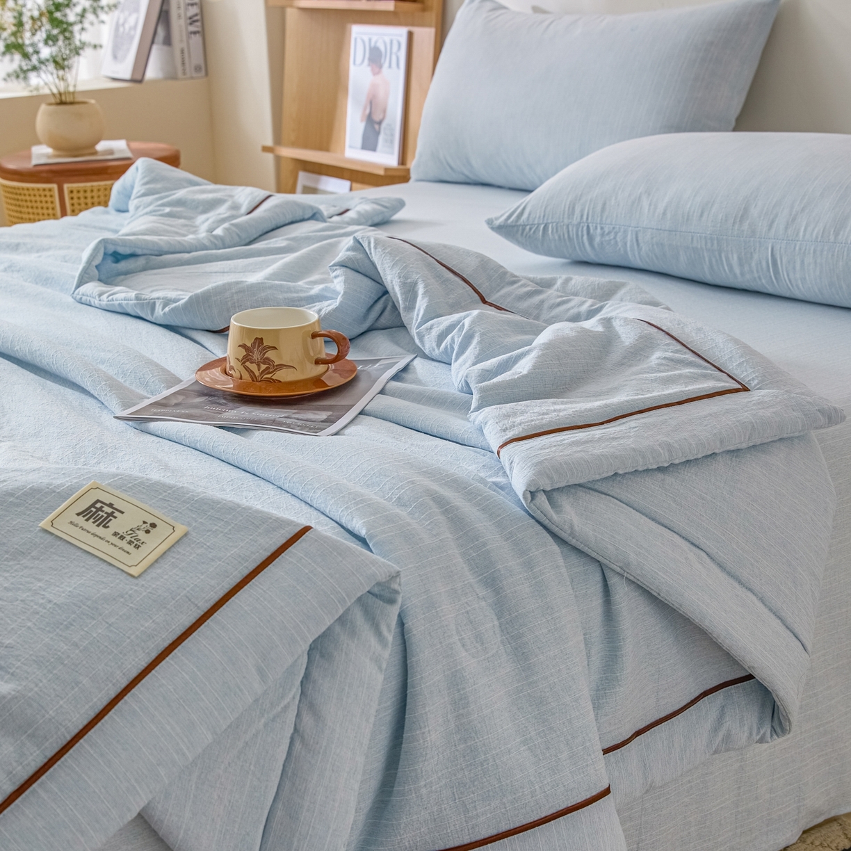91家纺网 家纺一手货源 找家纺 顺兴家居 2026新款提花色织水洗麻夏被夏凉被空调被四件套 色织-湖水蓝