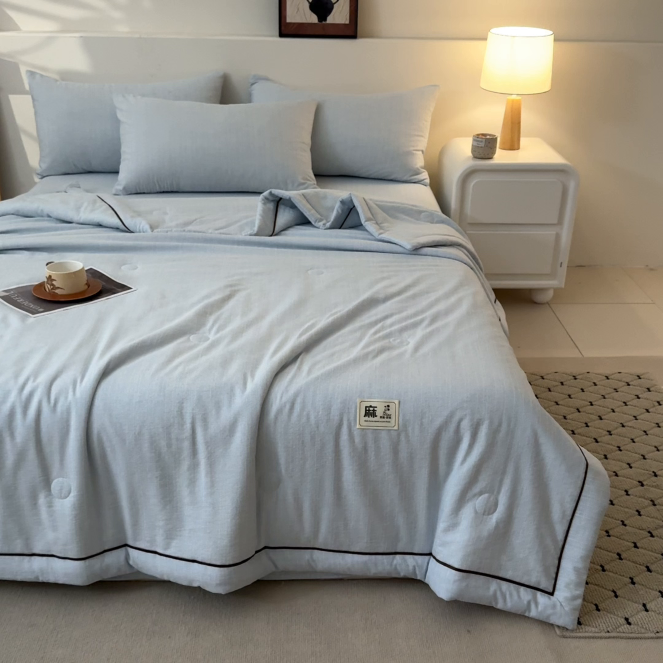 91家纺网 家纺一手货源 找家纺 顺兴家居 2026新款提花色织水洗麻夏被夏凉被空调被四件套 色织-湖水蓝