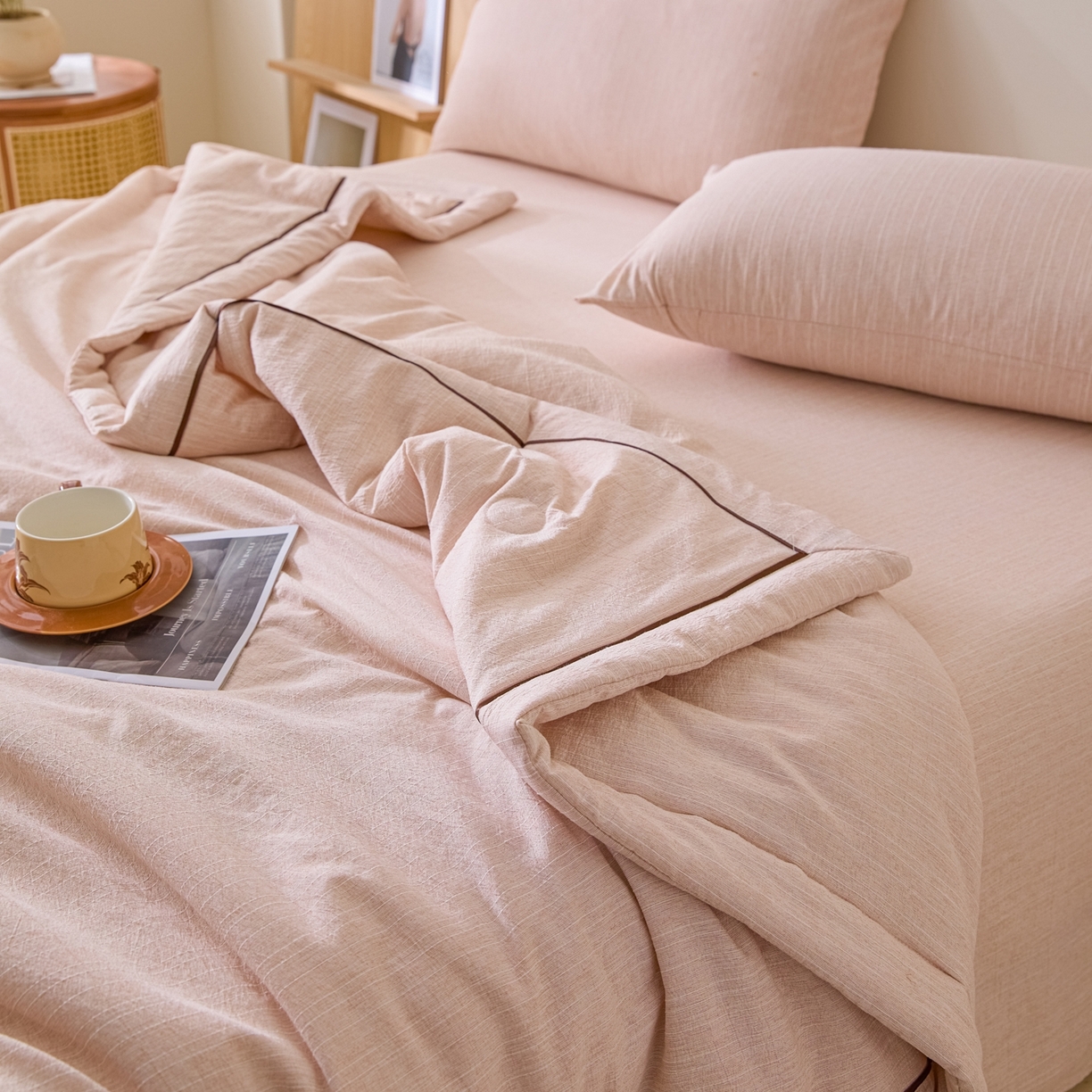 91家纺网 家纺一手货源 找家纺 顺兴家居 2026新款提花色织水洗麻夏被夏凉被空调被四件套 色织-晨曦黄